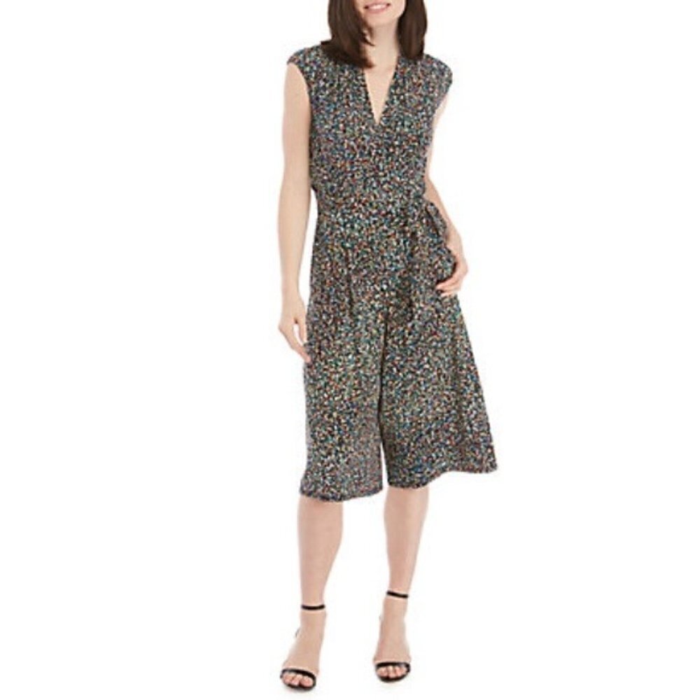 London Times Confetti Colorful Sleeveless Faux Wrap Cropped Jumpsuit 4
